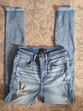 Buckle Light Blue Distressed Skinny Jeans with Frayed Hems